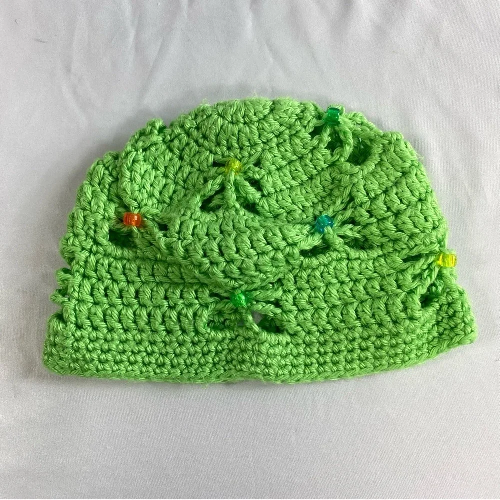 Handmade Kid’s Lime Green Crocheted Beaded Butterfly Eyelet Stitch Beanie